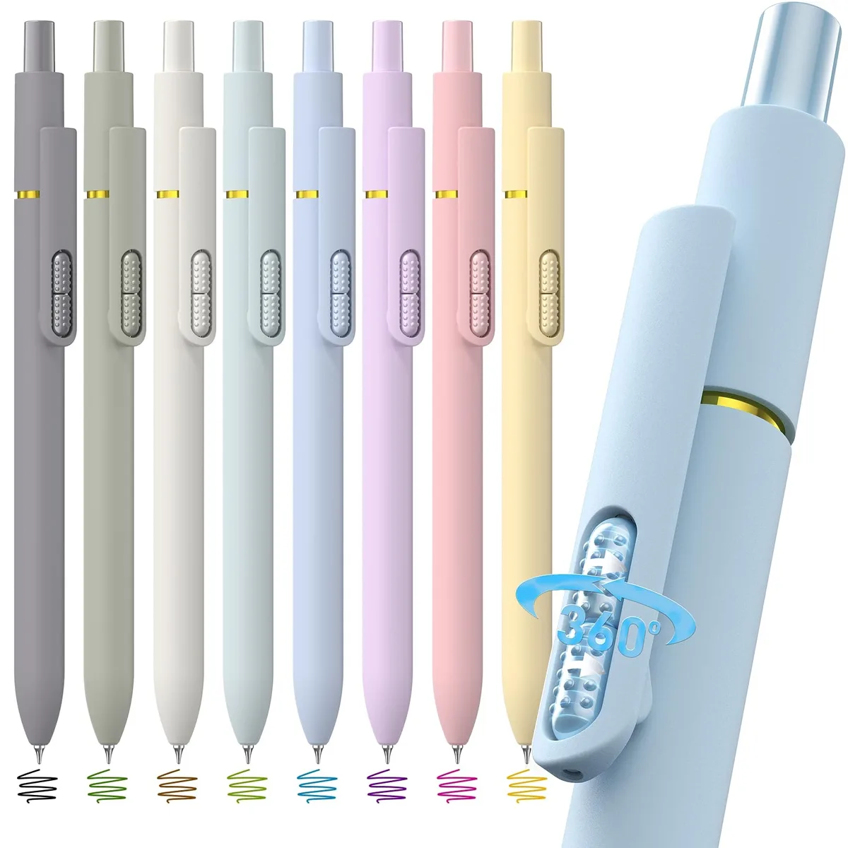 Eight pastel gel pens with rubber grips and rolling-ball clips in a plastic pack