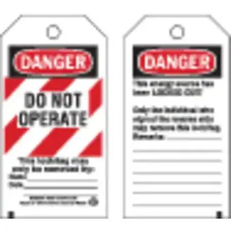White rectangular danger tag with black red header cotton string grommet write on surface