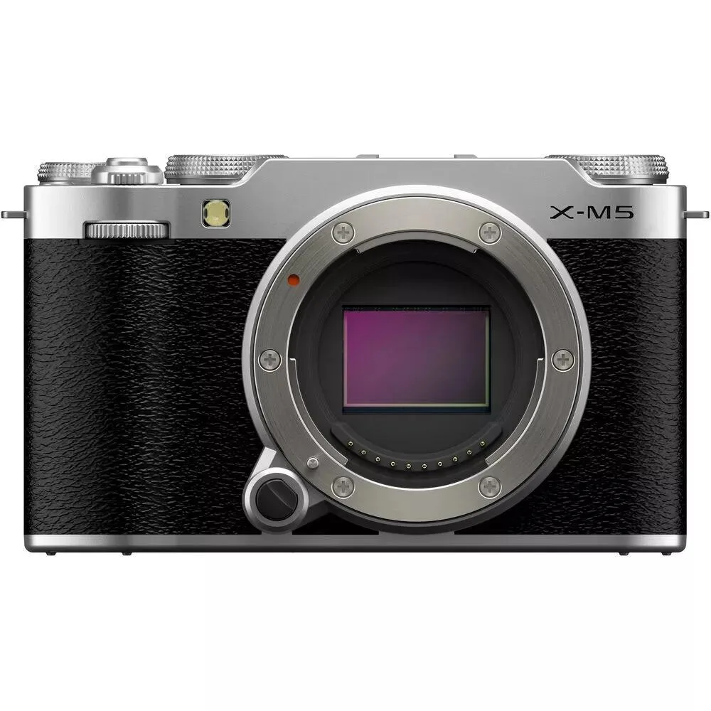 Silver compact mirrorless camera body with tilting touchscreen