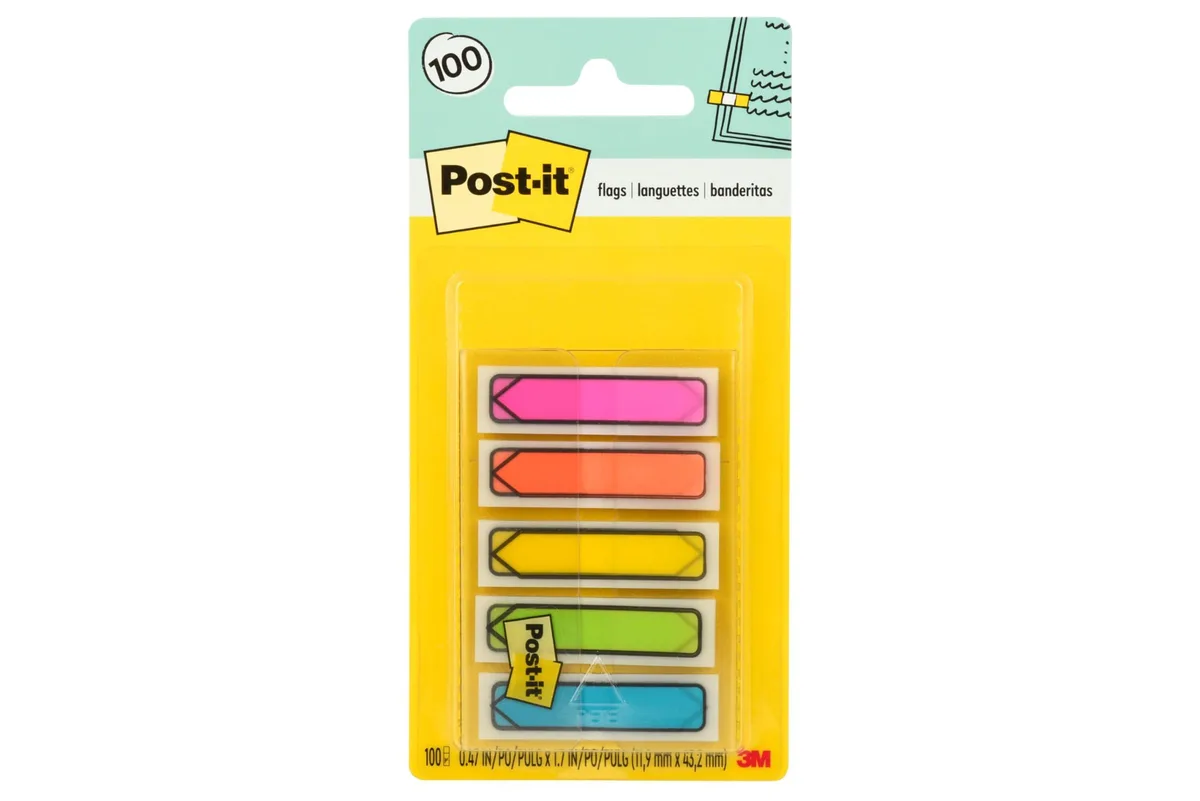 Plastic dispenser holding multicoloured arrow-shaped sticky flags