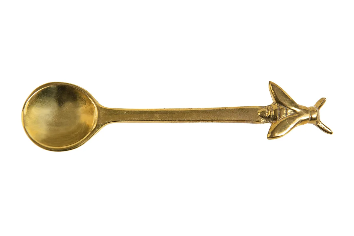 Brass sugar honey spoon with decorative bee handle, gold finish, five inches long