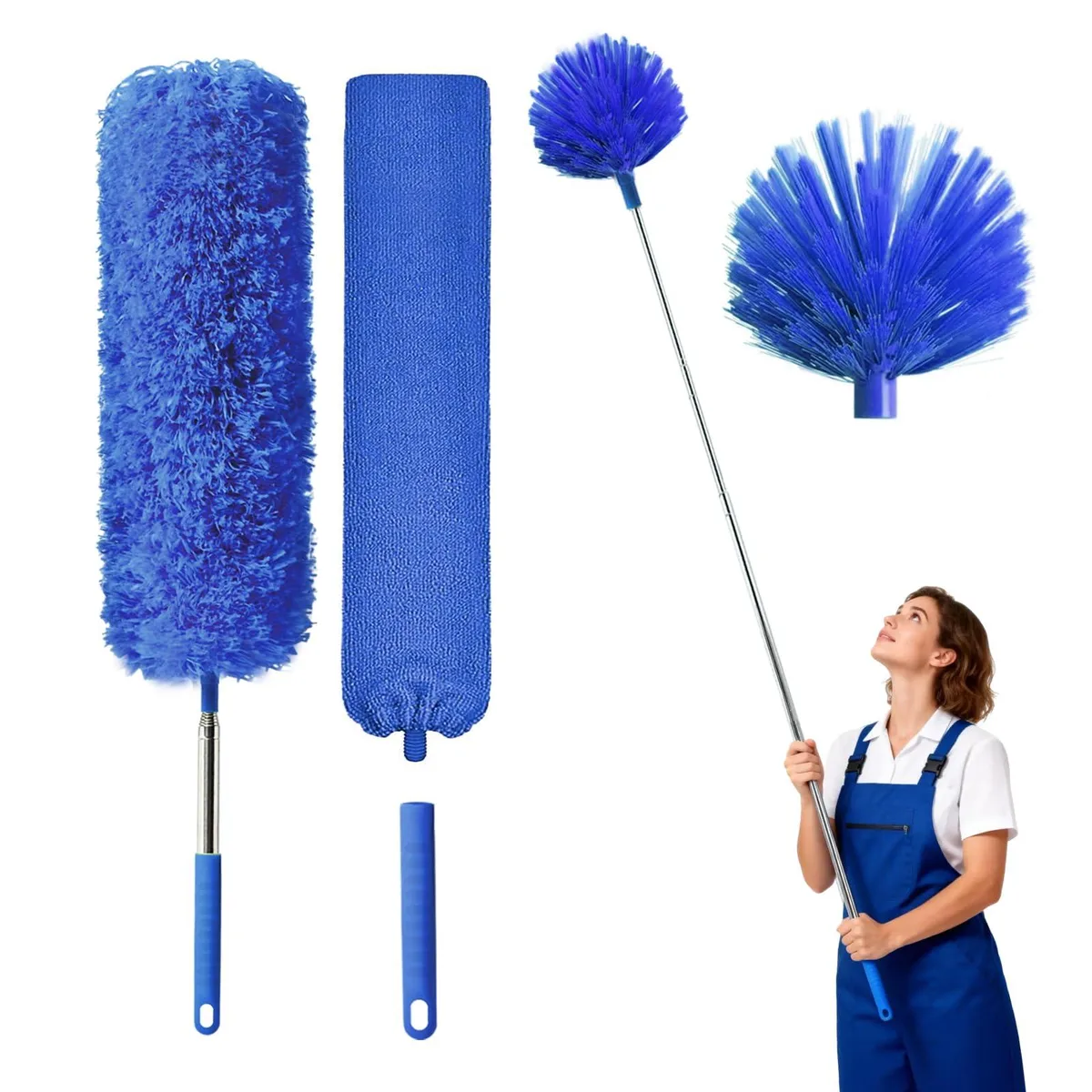 Telescopic cleaning pole with three interchangeable microfiber duster heads