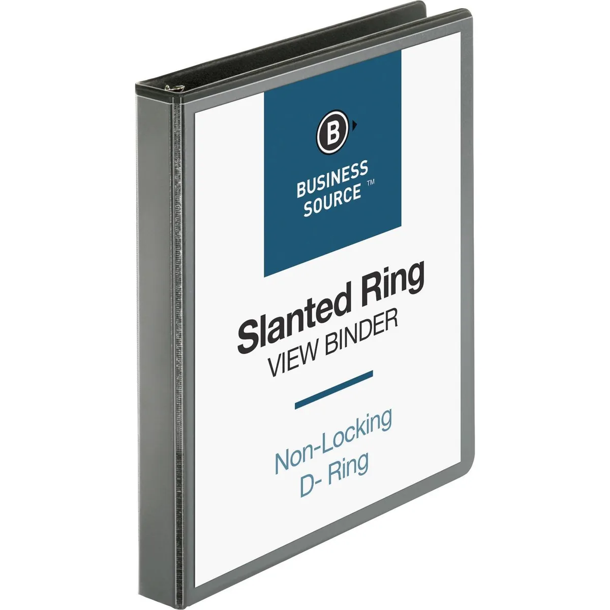 Black 1-inch D-ring view binder with clear overlay on front, spine and back, poly finish