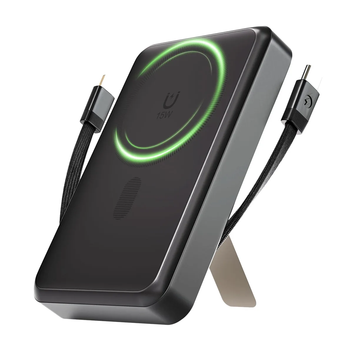 Black rectangular power bank with built-in cables and foldable stand