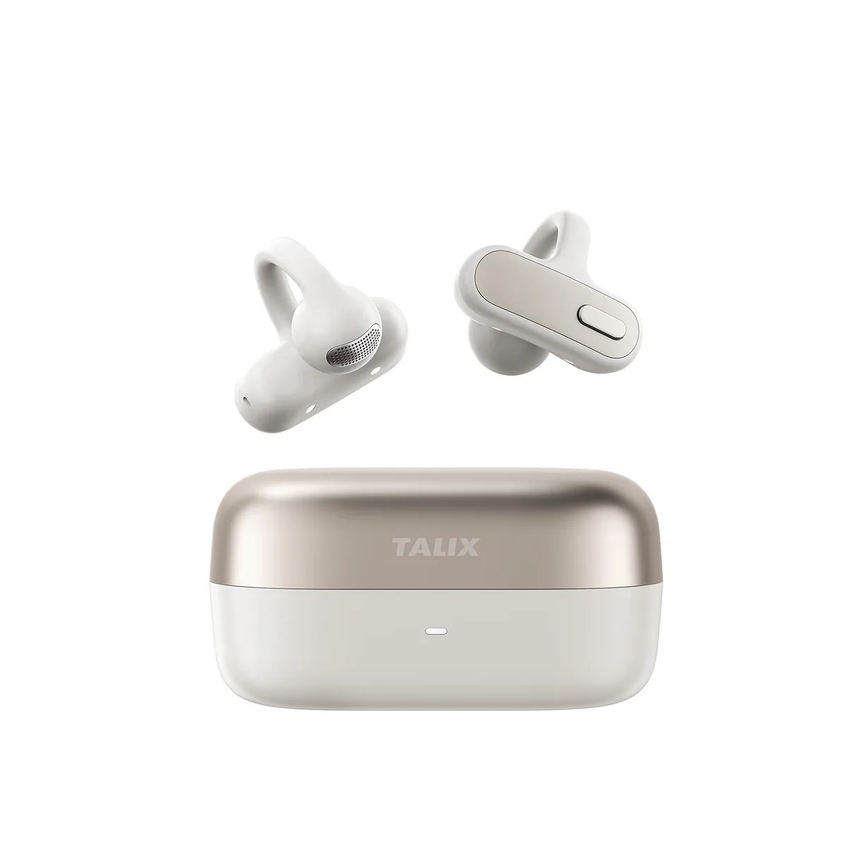 White open-ear clip-on earbuds with charging case