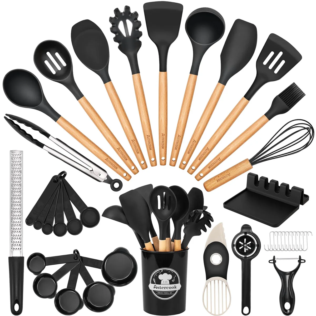 Black silicone cooking utensil set with wooden handles, 39 pieces in box