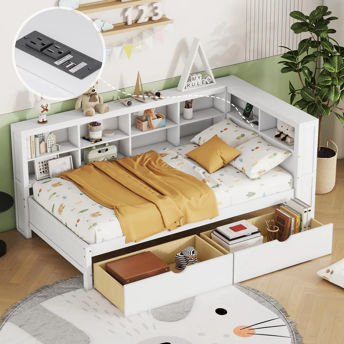 tuphen tuphen Twin Daybed with 2 Drawers, USB Ports, White — product photo