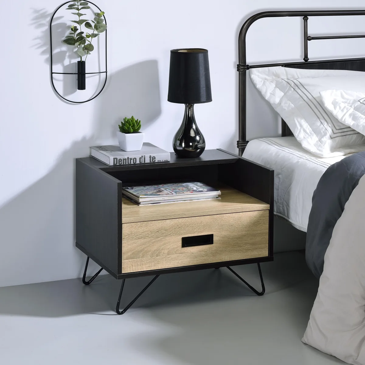 tuphen tuphen Oak and Black Nightstand 1 Drawer 19.5x21.5x16.5 in — product photo