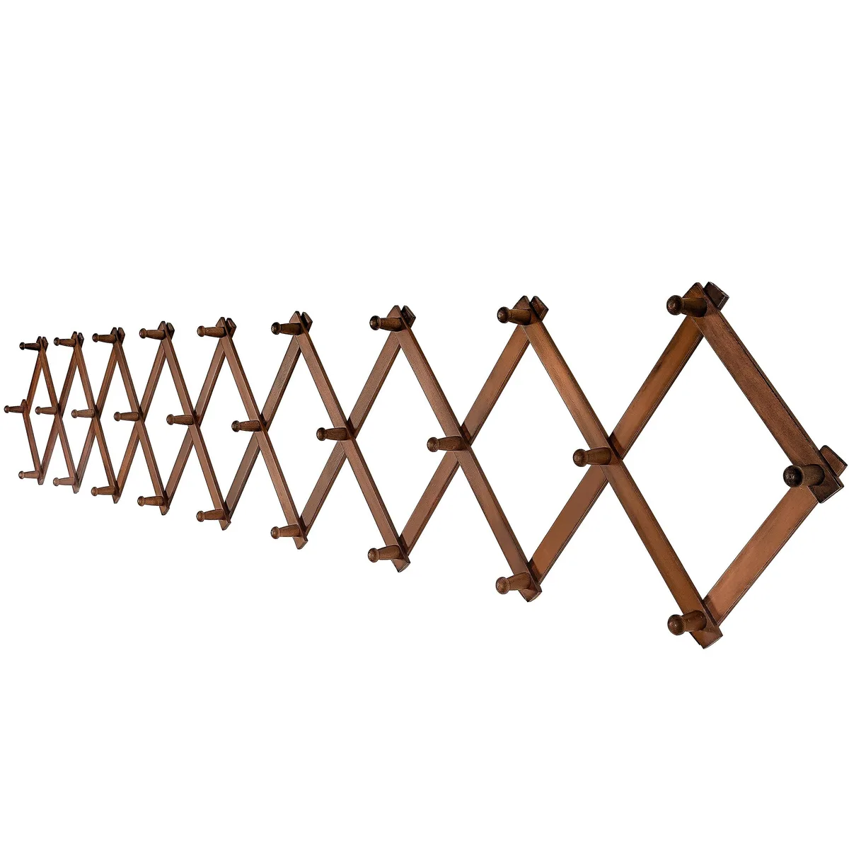 Walnut wooden accordion wall hanger with 28 hooks, expands from 16 to 100 inches