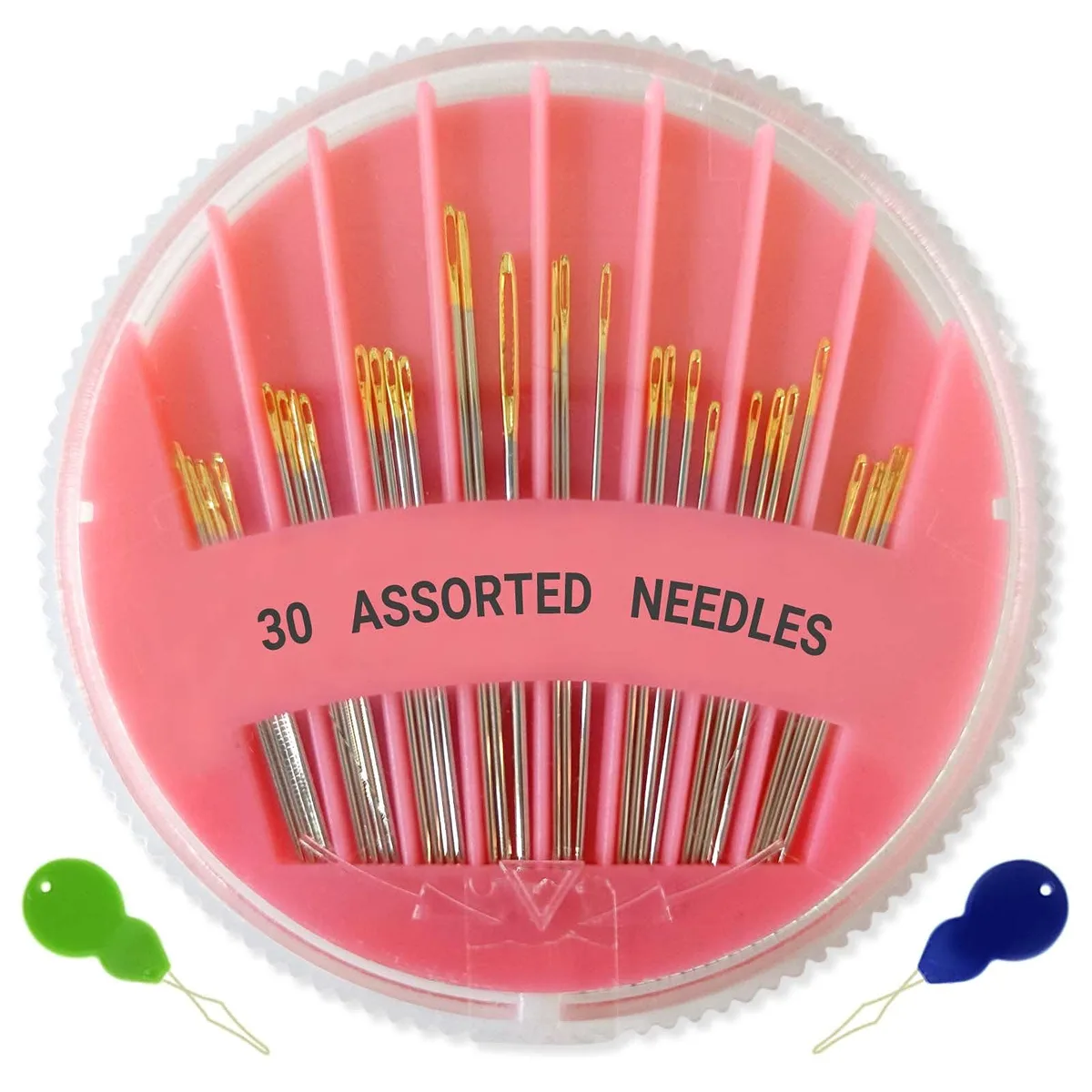 Pink dial storage box holding 30 gold-plated hand sewing needles and two threaders