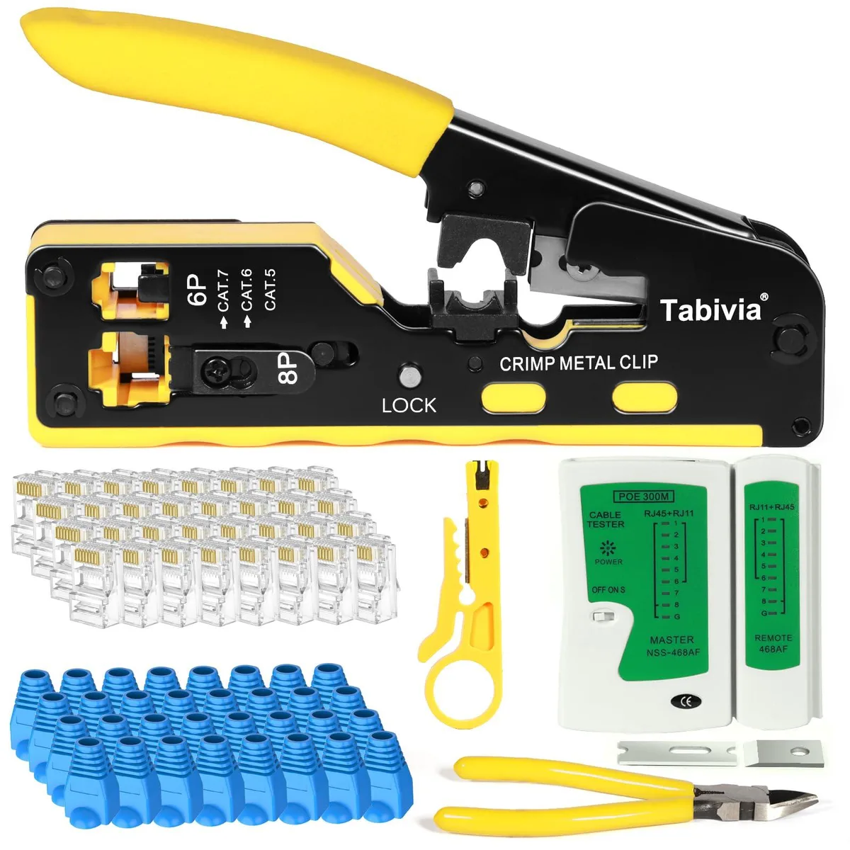 Black RJ45 crimp tool kit with 50 Cat6 connectors and accessories