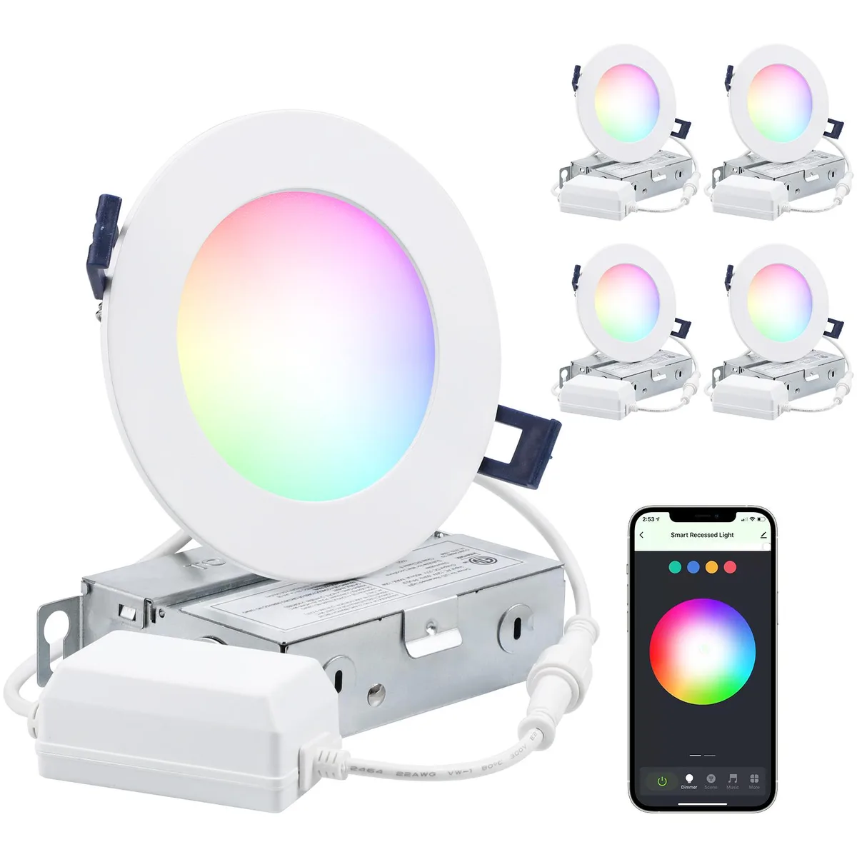 TorchStar LED TorchStar LED 4-Pack 4 Inch RGB+CCT Smart Recessed Lighting 8W 120V 2000-5000K 16M Colors — product photo