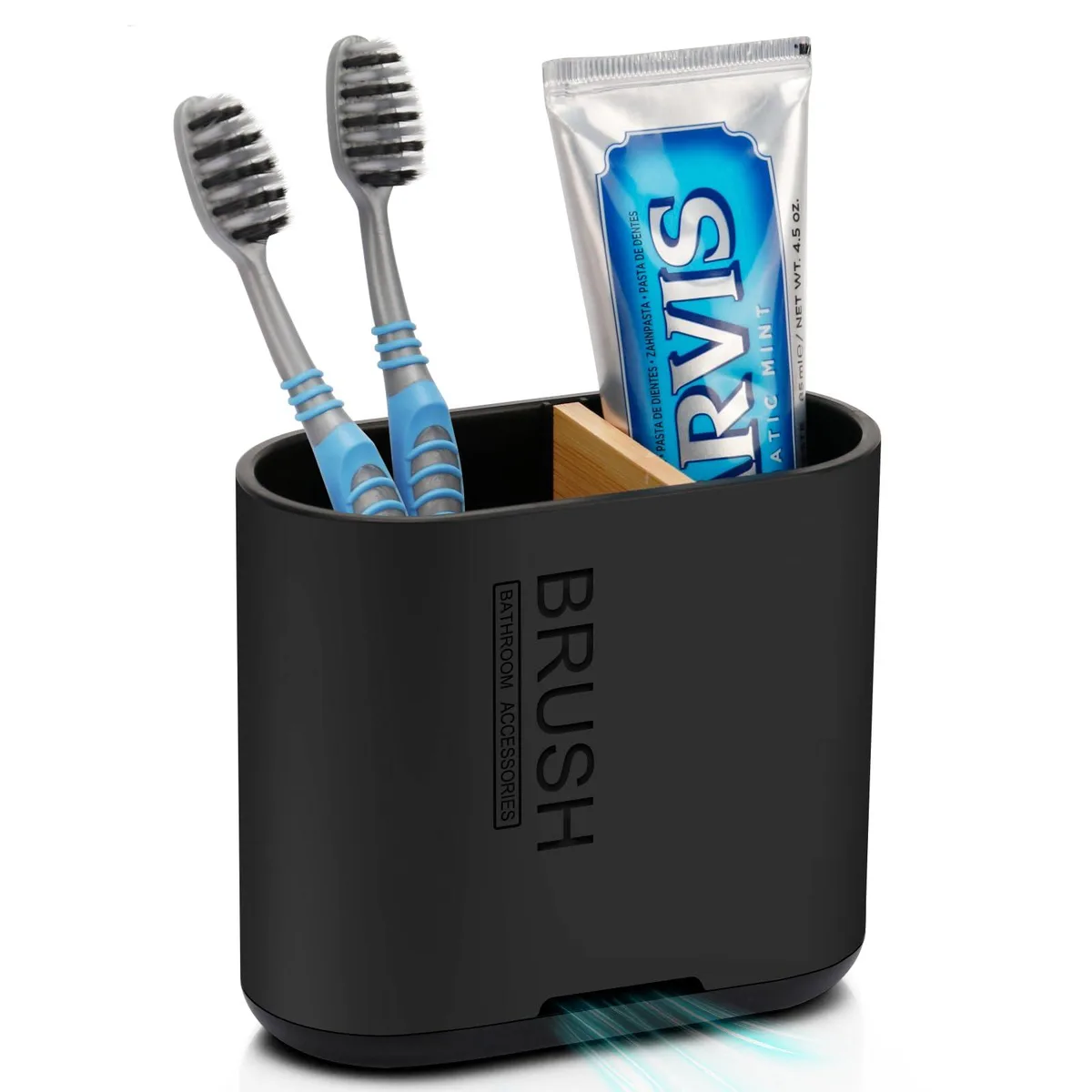 Black plastic toothbrush holder with bamboo divider, 4.6 by 2.2 by 4 inches