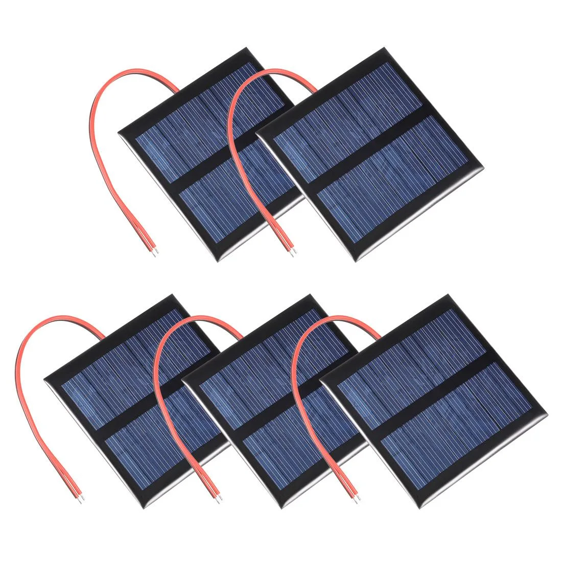Five small square blue solar panels with wires