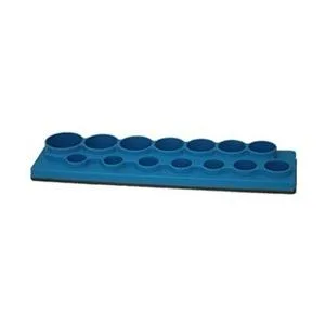 Blue polypropylene socket organizer with magnetic back, two rows of fourteen posts for 1/2 inch drive sockets