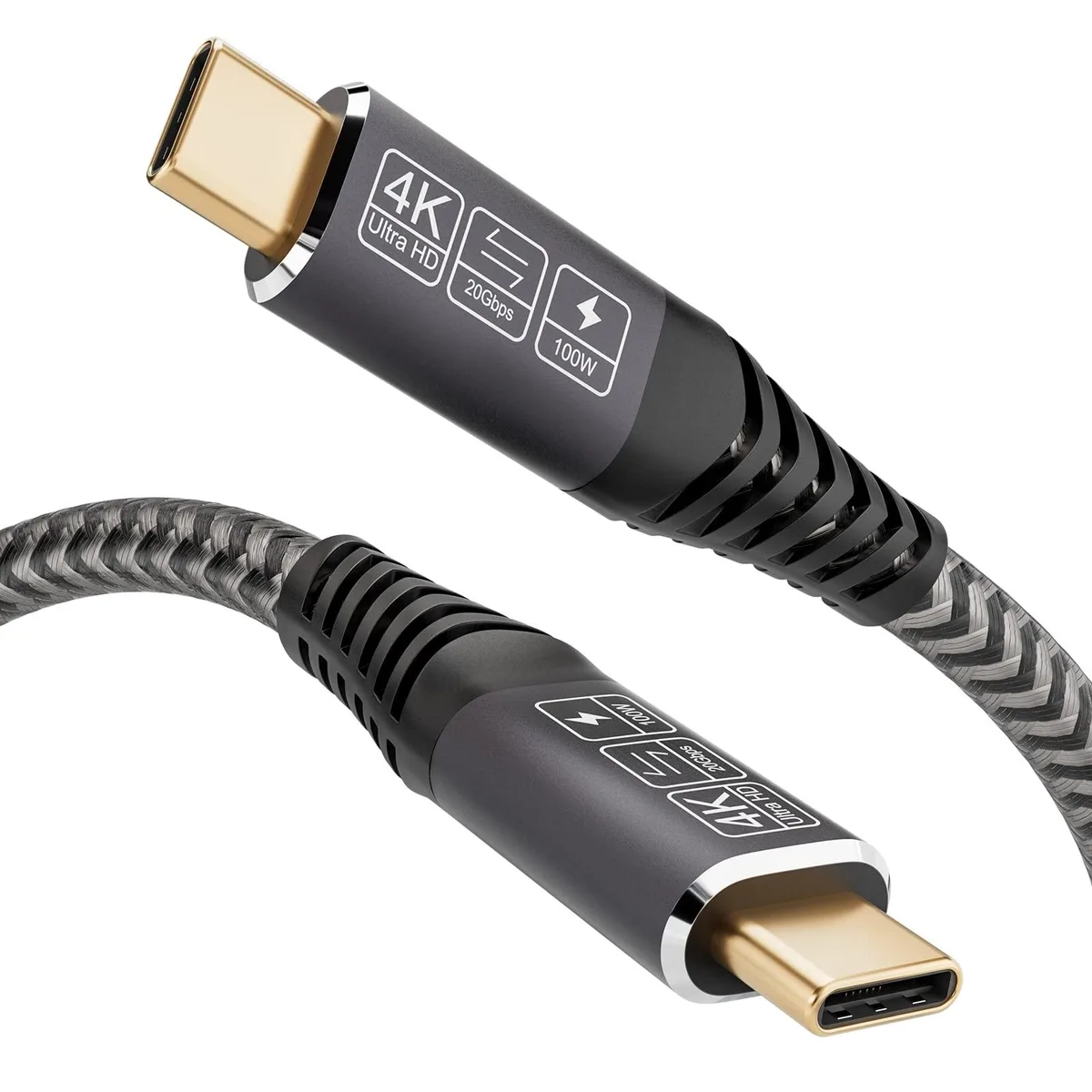Braided USB-C to USB-C cable, 6.6 ft, male-to-male connectors, aluminum alloy ends
