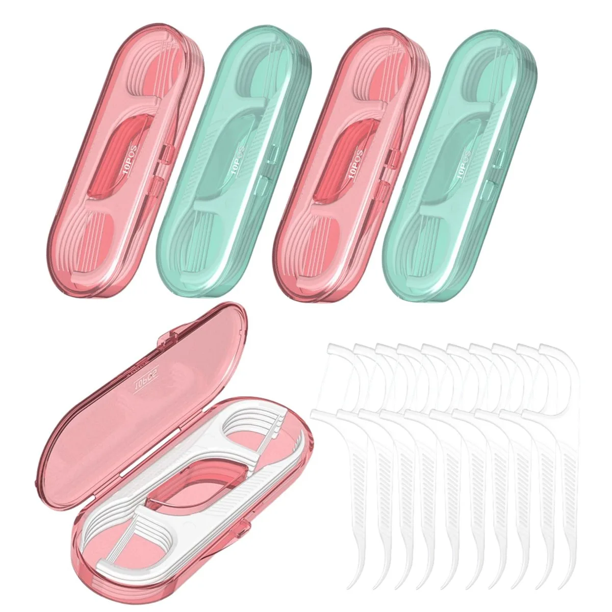 Five small floss pick cases in pink and light green with 50 picks visible