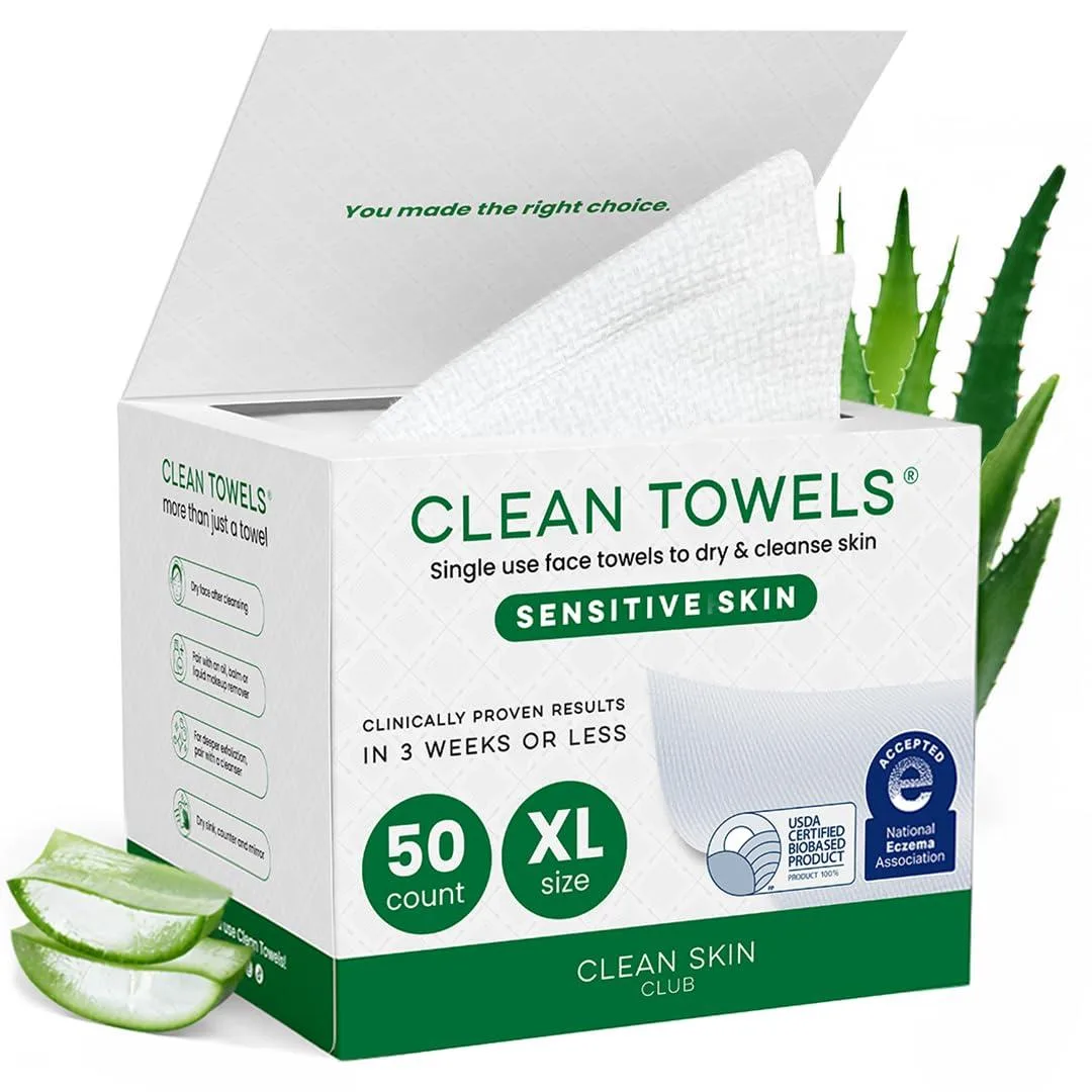 Rectangular white box containing 50 ultra-soft cotton facial towels