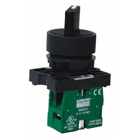 Dayton 30G264 selector switch 22 mm black plastic lever silver bezel two position maintained