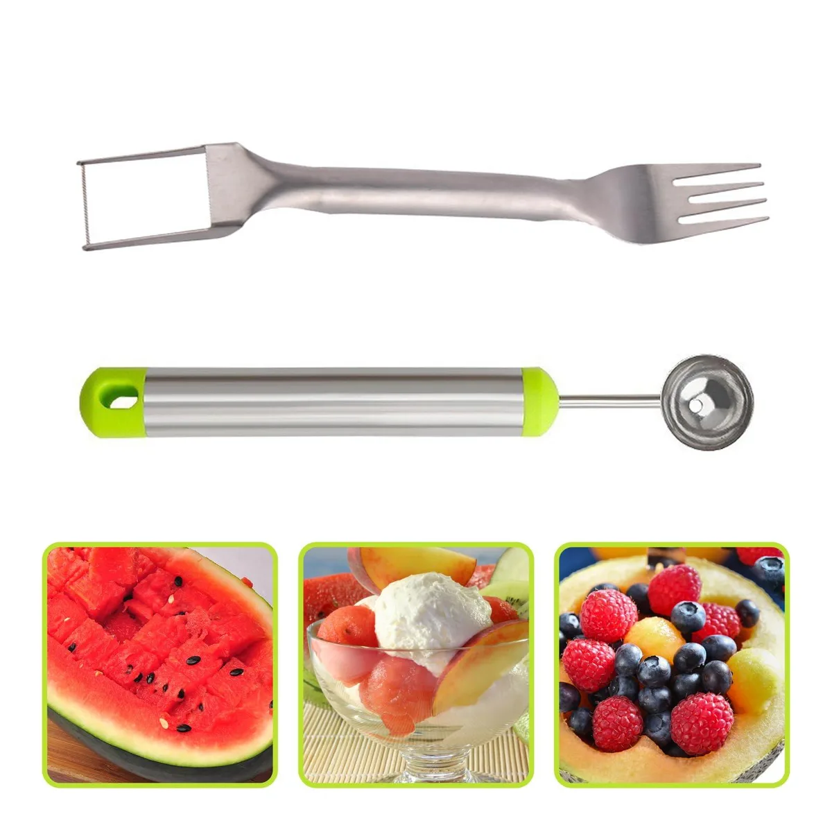 Two stainless steel watermelon tools, one with grid cutter and fork, other with ball scoop, silver finish
