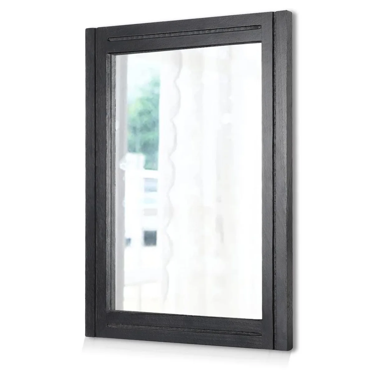 Rectangular wood-framed mirror, black polished finish, 16 by 12 inches