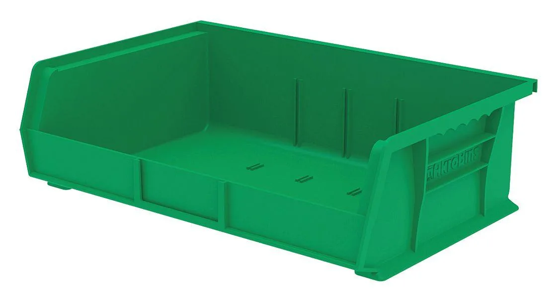 Green plastic storage bin with label slots and divider channels, stackable design