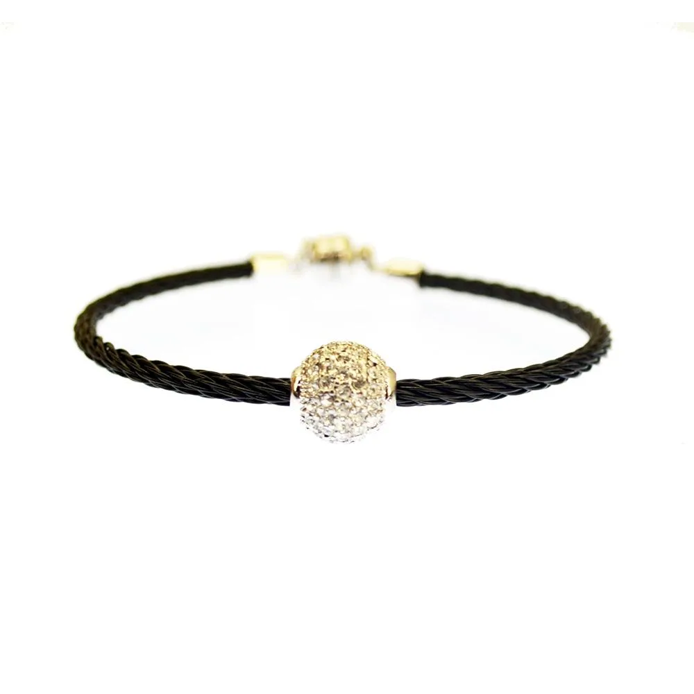 Twisted stainless steel cable bangle with black onyx finish and silver cubic zirconia centrepiece