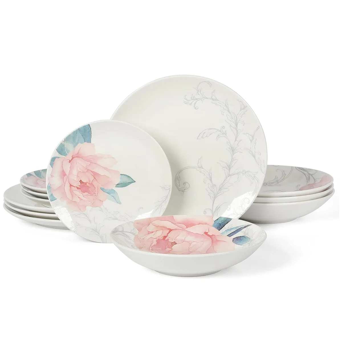 Martha Stewart Martha Stewart Peony 12 Piece Round Fine Ceramic Dinnerware Set White Pink — product photo