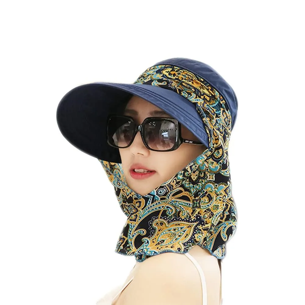 Navy polyester sun hat with removable face and neck flaps, foldable brim, and adjustable bow closure