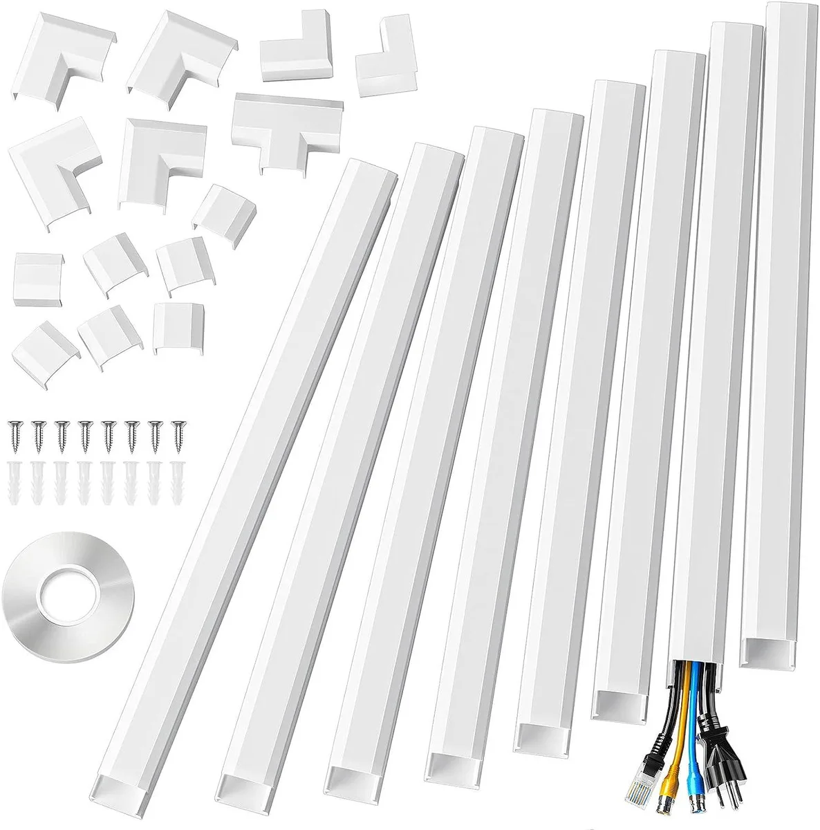 Eight white rectangular cable raceway channels with snap-on covers, adhesive tape and mounting hardware