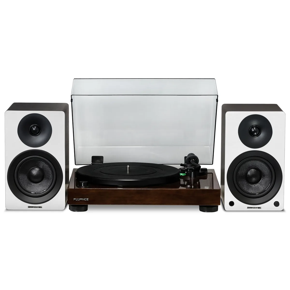 Walnut turntable and white-walnut bookshelf speakers side by side