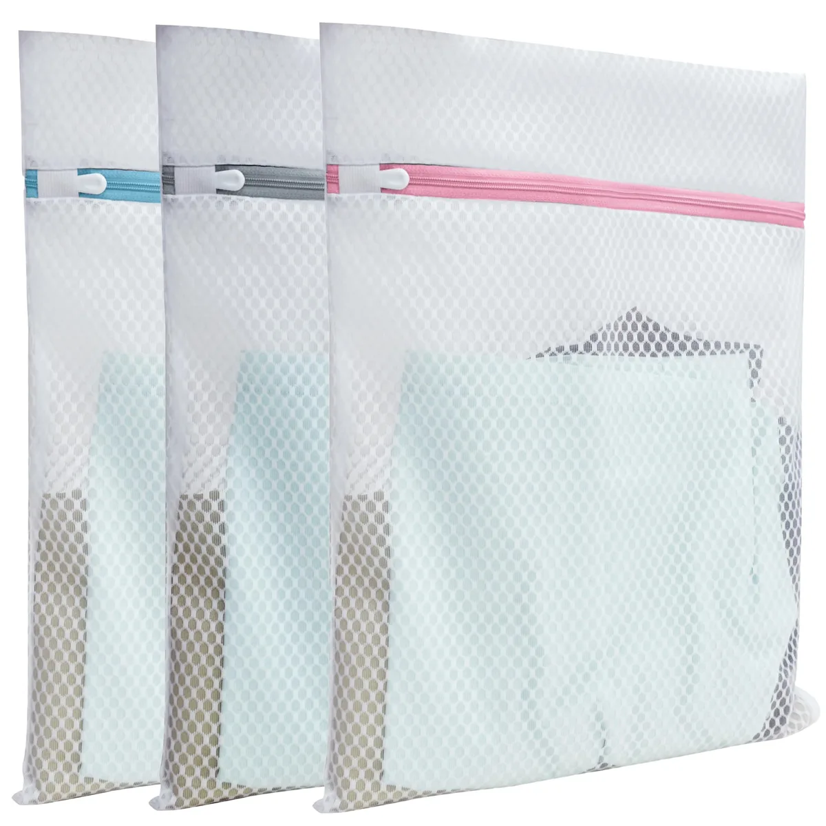 Three mesh laundry bags with grey, pink and blue zippers, 12 by 16 inches