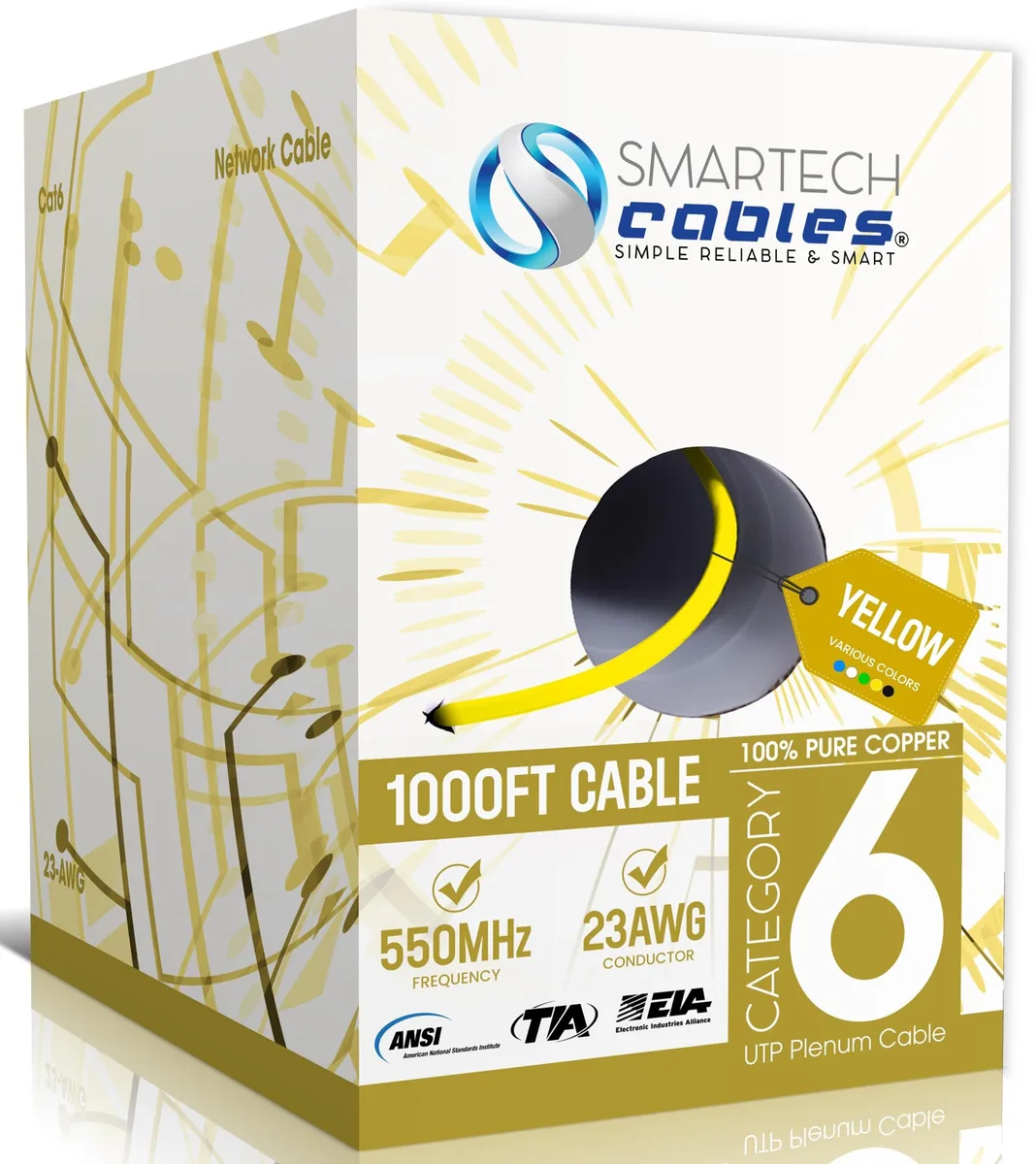 Blue Cat6 plenum Ethernet cable on wooden spool