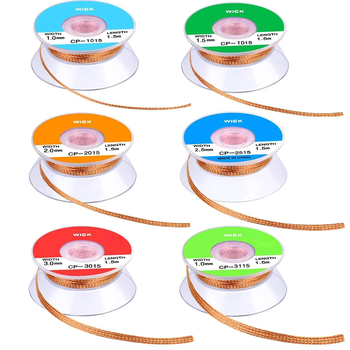  6 Pieces Solder Wicks Braid with Flux 0.04–0.14" 5ft Each Multi-color — product photo