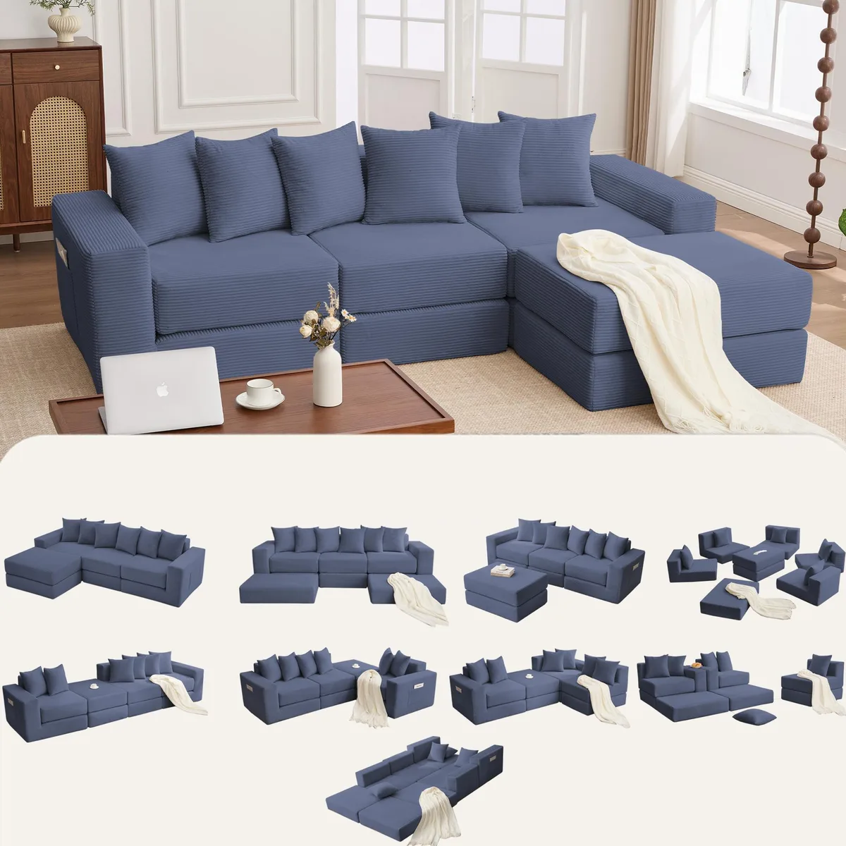 Blue corduroy modular sectional sofa with six pillows and side storage pockets