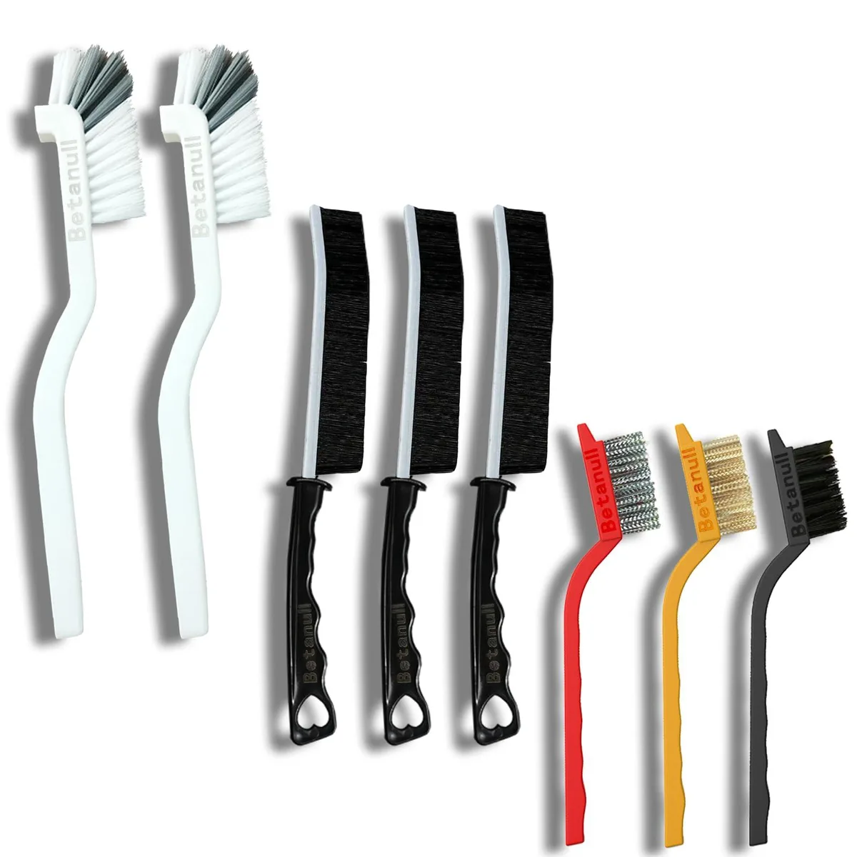 Set of eight cleaning brushes with ergonomic handles and hanging holes