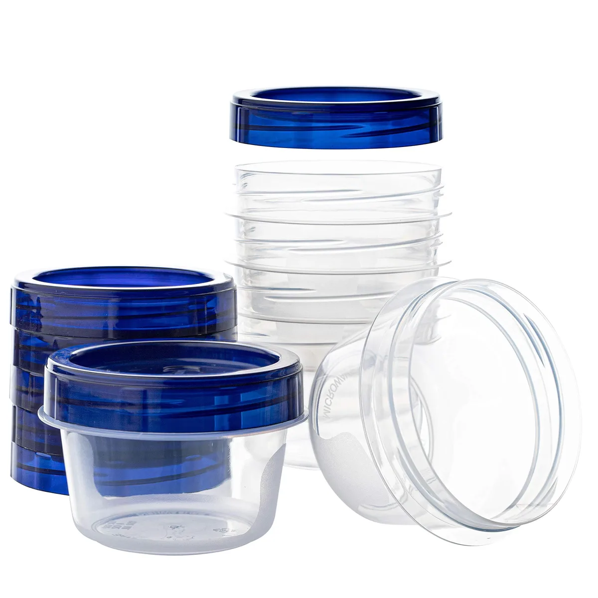 Six clear deli containers with blue twist-on lids, red branding