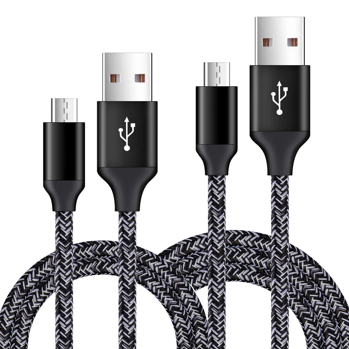 Two micro USB cables, 1.6 ft and 3 ft, black nylon braided with metal connectors