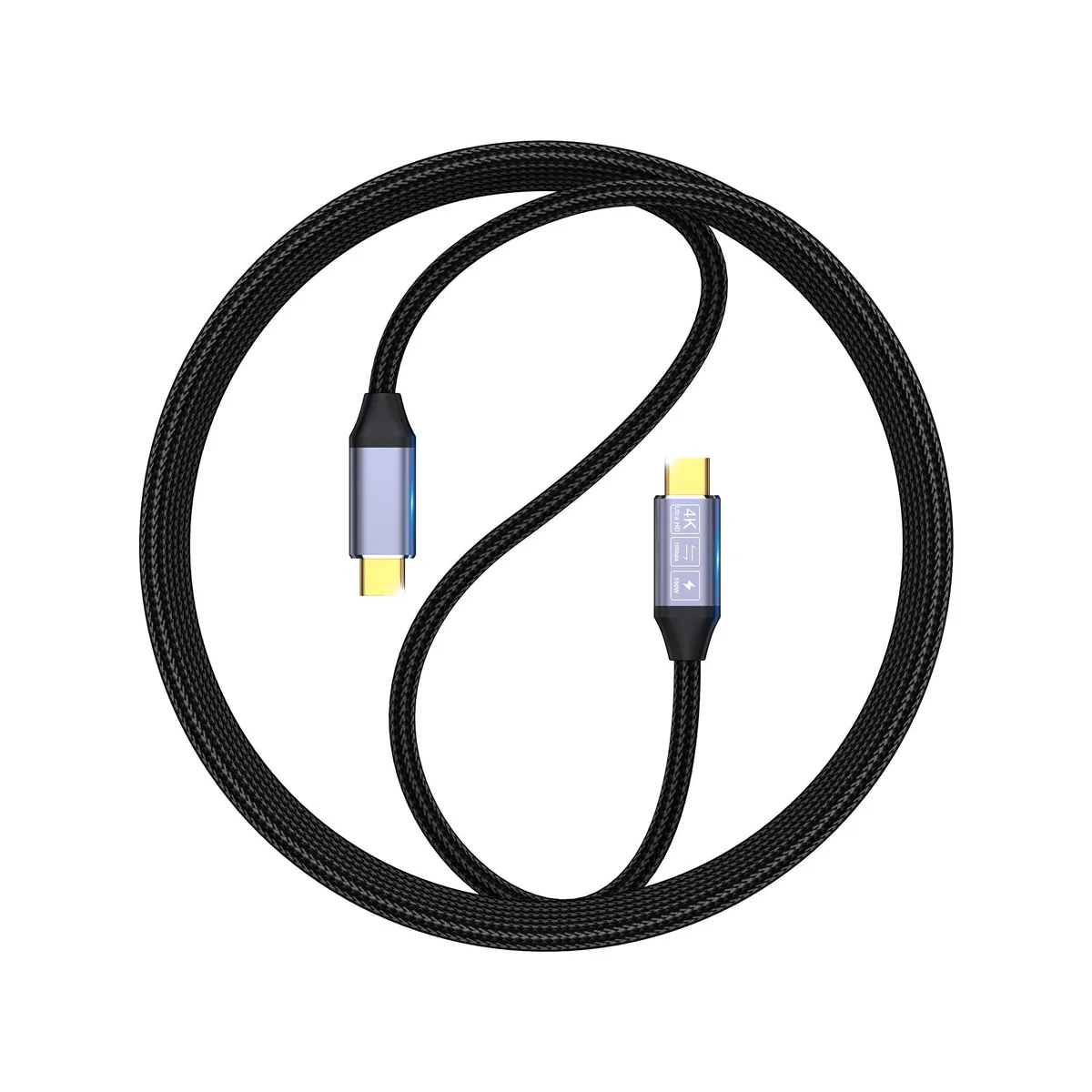 Black braided USB-C to USB-C cable with metal connectors, 3.3 feet long
