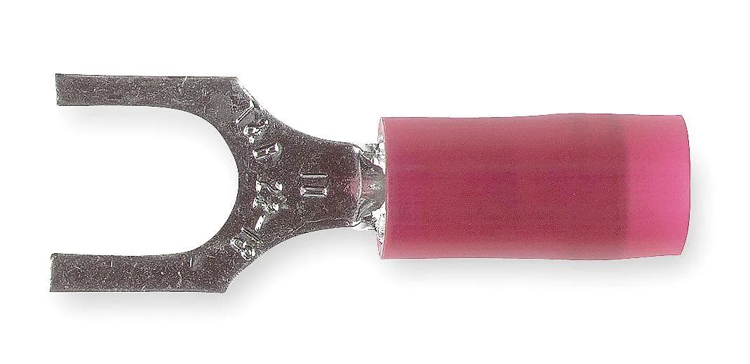 Red nylon-insulated copper fork terminals for #10 stud, 22-16 AWG, 100 pack