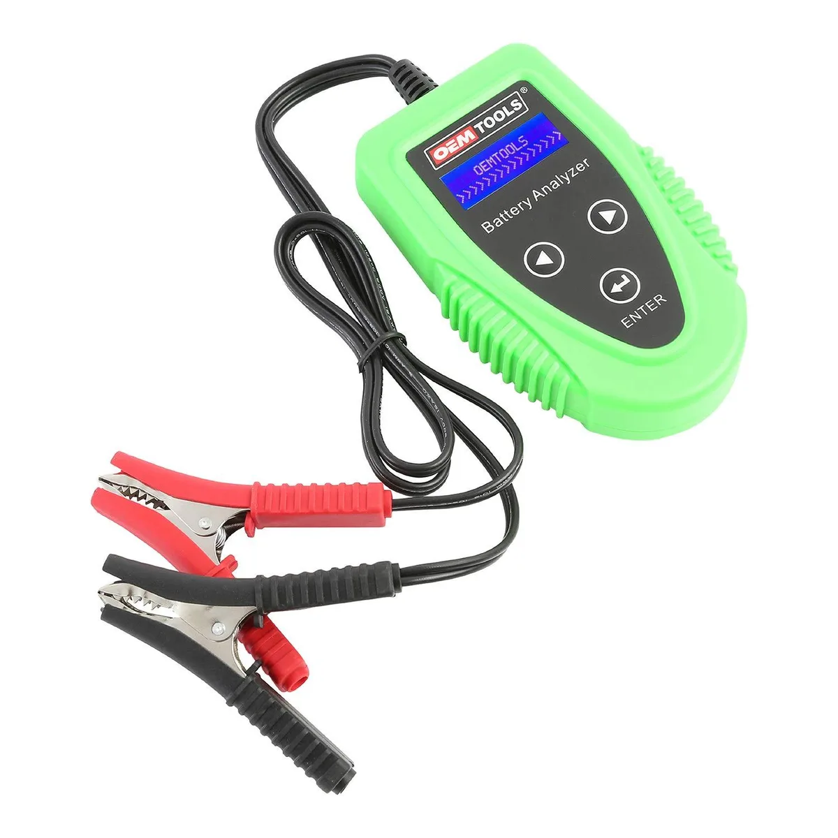 Handheld digital battery tester with backlit LCD screen and attached clamps