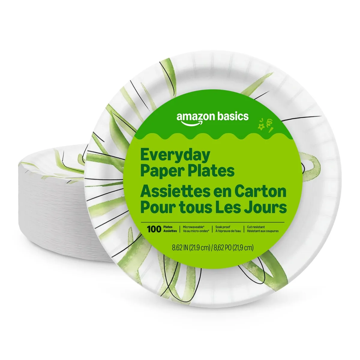 A stack of round green paper plates on a white surface
