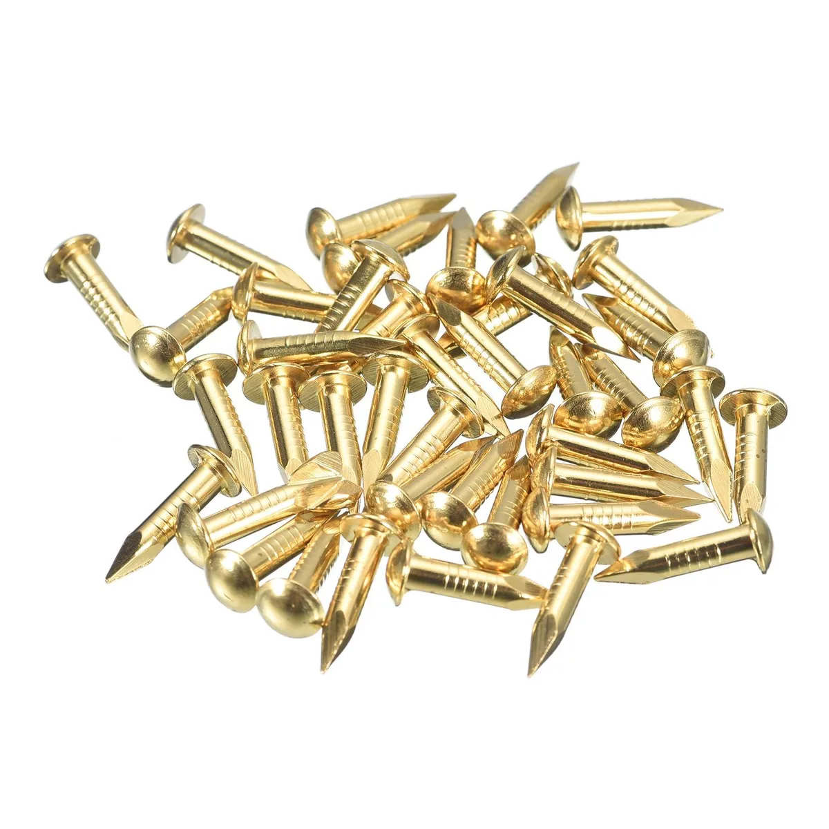 A small pile of 40 brass nails with round 6mm heads and 2.8 by 15mm shanks