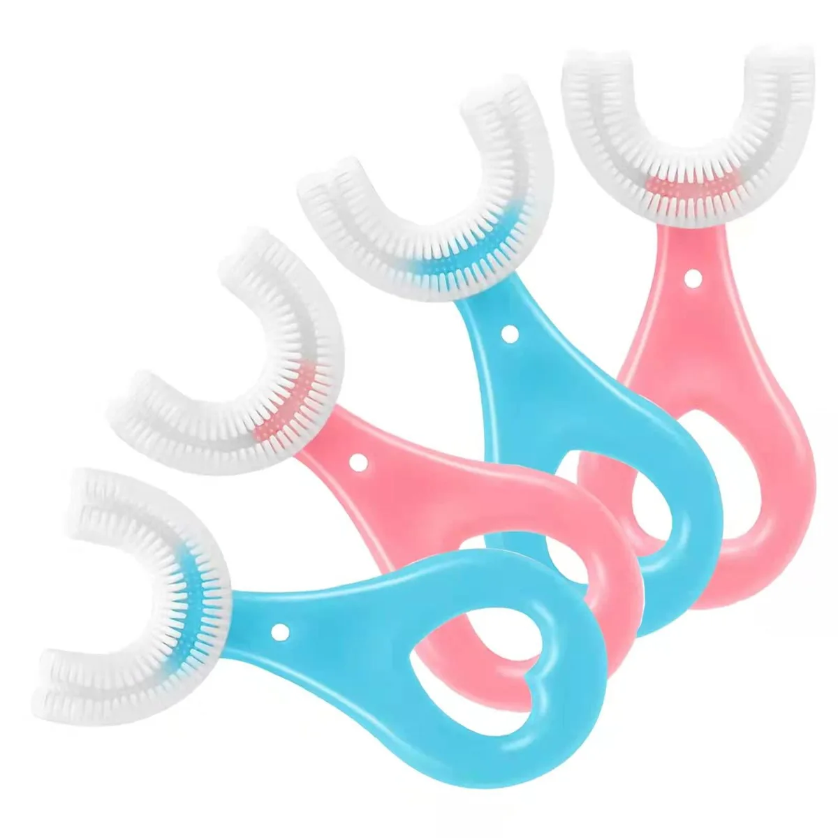 Four U-shaped silicone toothbrushes in blue and pink with soft bristles and easy-grip handles