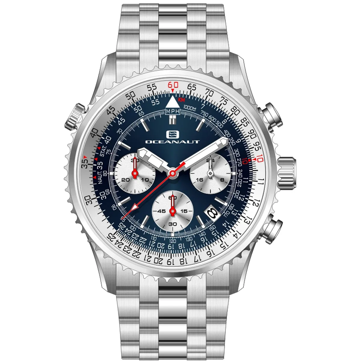 Stainless steel watch with blue dial and chronograph sub-dials on metal bracelet