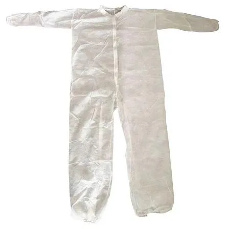 White collared disposable coveralls with zipper front and elastic cuffs