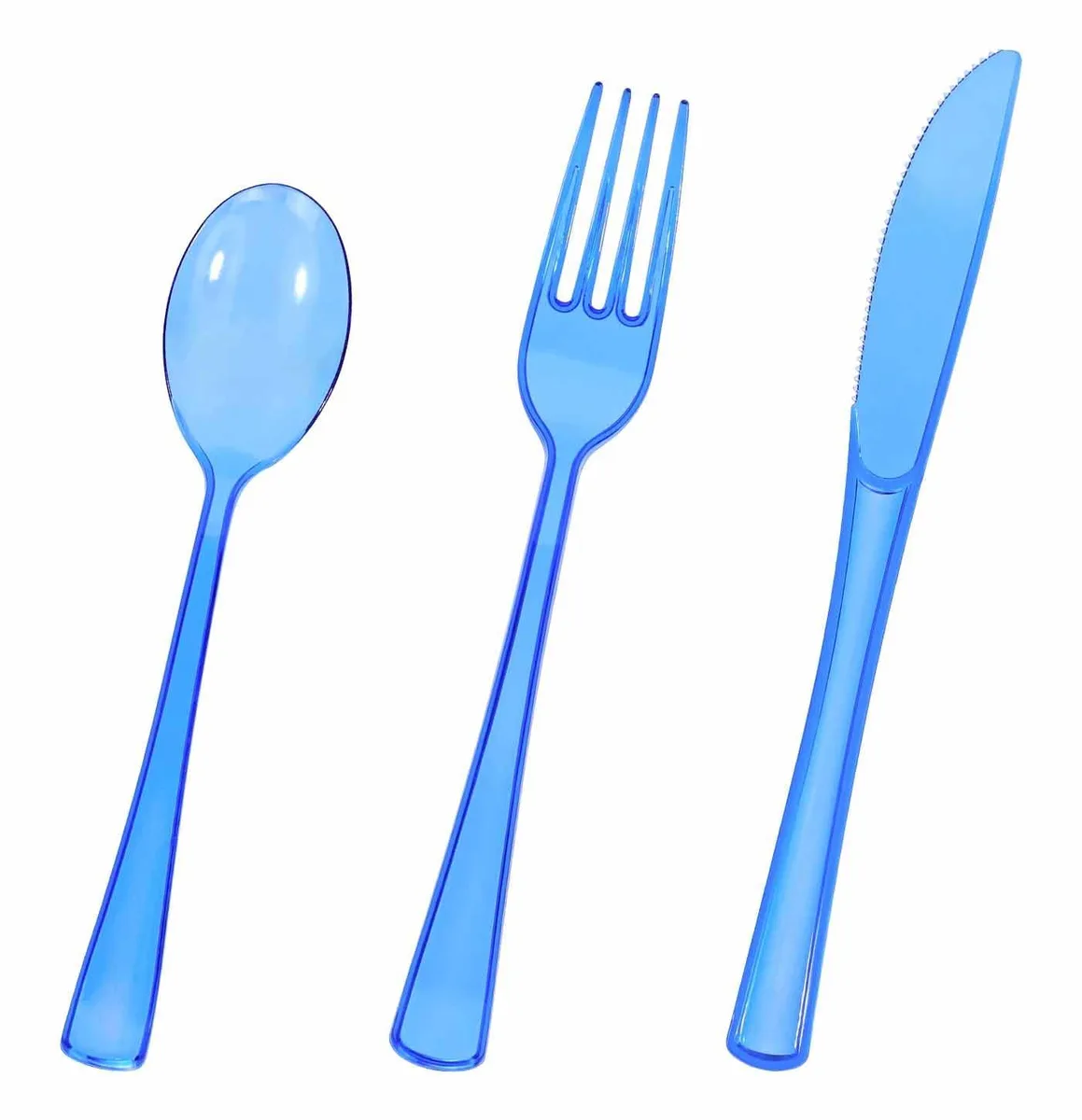 75-piece royal blue clear plastic cutlery set in bulk packaging