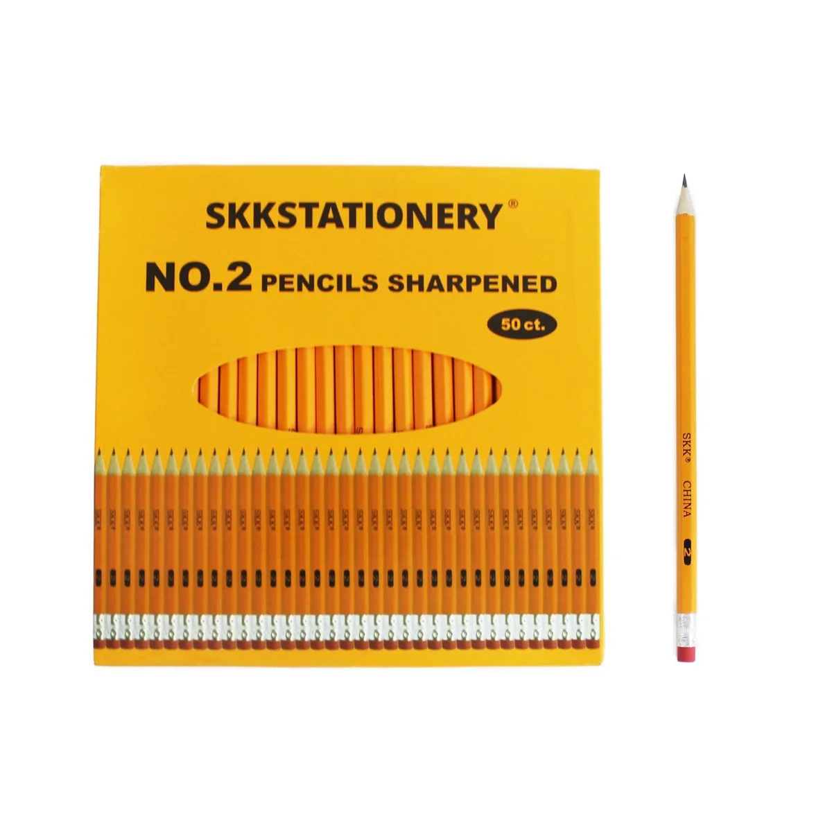 Box of 50 yellow wooden pencils with pink erasers
