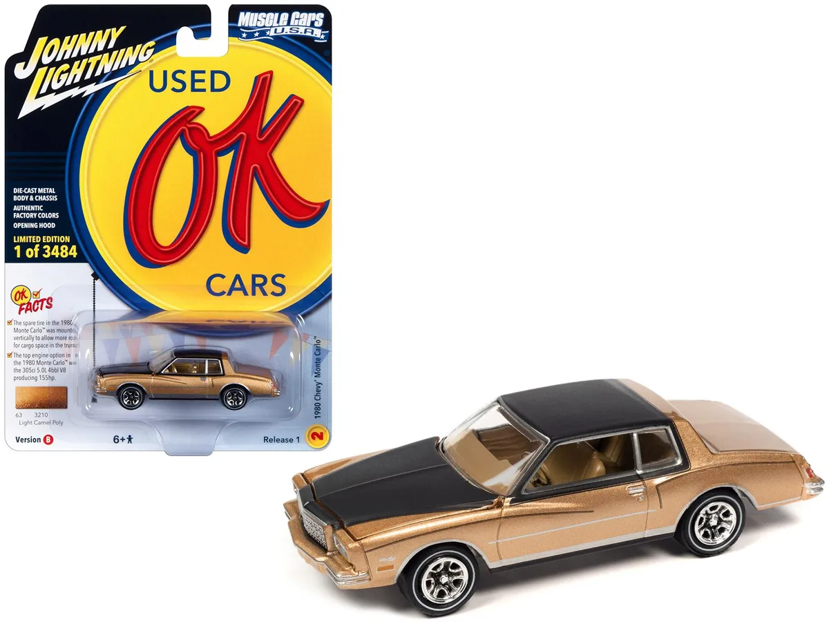 1/64 scale 1980 Chevrolet Monte Carlo diecast in Light Camel Gold Metallic with black top and hood