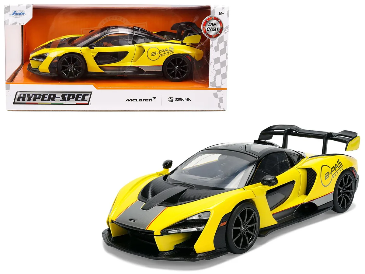 Jada Jada McLaren Senna 8-PAS Racing Yellow Metallic Black Top Hyper-Spec 1/24 Diecast Hobby Collectible — product photo